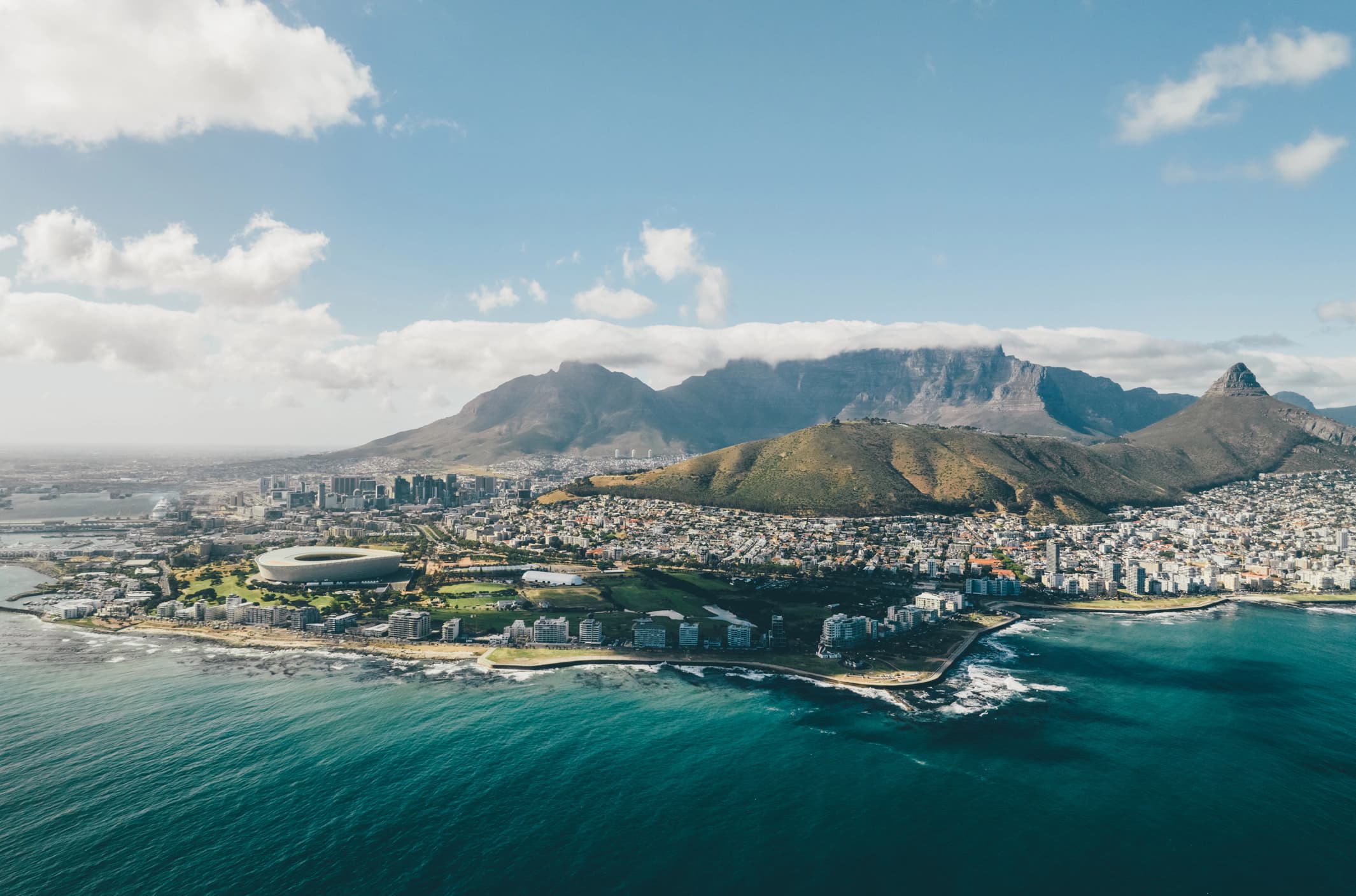 Aerial view of Cape Town city and coastline