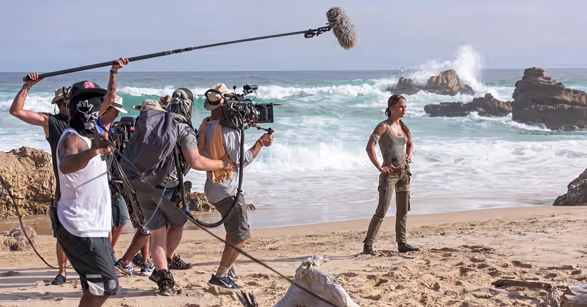 Film crew on a beach location shoot